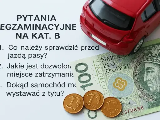 Pytania egzaminacyjne na kat. B, czerwony samochodzik, banknot 100 zł i grosze. Zastanawiasz się, ile teraz kosztuje prawo jazdy?
