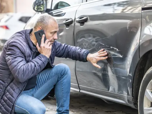 Mężczyzna sprawdza uszkodzenia samochodu po kolizji bez policji i oświadczenia, dzwoniąc z telefonu.