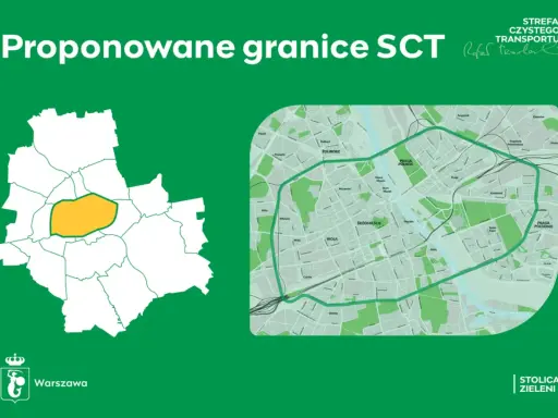 Mapa proponowanych granic stref czystego transportu w Polsce. Zaznaczony obszar w Warszawie.