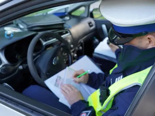 Policjant w radiowozie wypisuje mandat za jazdę bez kasku.