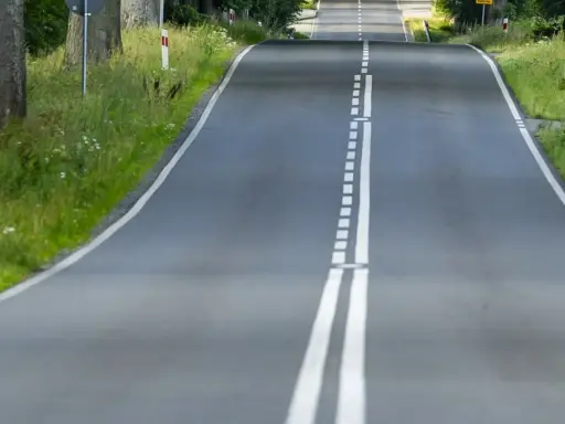 Droga z podwójną białą linią, która jest linia jednostronnie przekraczalna. Po bokach zieleń i drzewa.