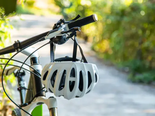 Biały kask rowerowy wisi na kierownicy roweru. Pamiętaj o kasku, by uniknąć mandatu za brak kasku na rowerze.