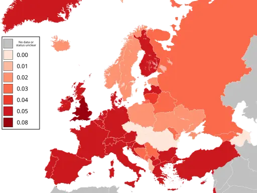 Mapa Europy pokazująca poziom alkoholu we krwi. Najwyższe wartości w krajach Europy Wschodniej i Południowej.