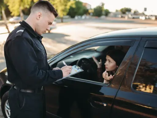 Policjant spisuje mandat, a kierowca tłumaczy, za co zabierają prawo jazdy na 3 miesiące.
