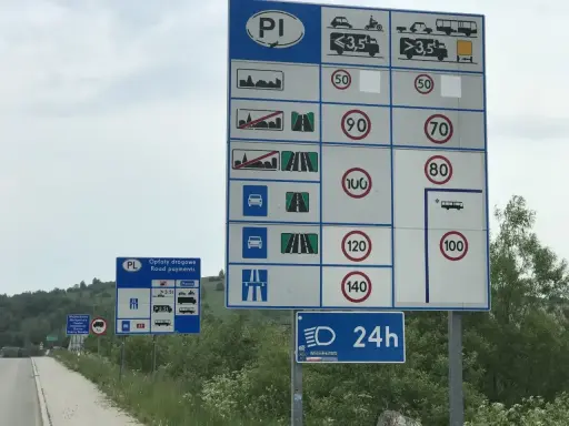 Znaki drogowe informujące o opłatach i limitach prędkości na drodze jednojezdniowej dwukierunkowej.