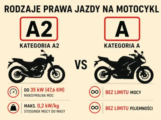 Porównanie kategorii A2 i A prawa jazdy na motocykl. A2: do 35 kW, A: bez limitu mocy i pojemności. Ile lat na kat A? Odpowiedź w grafice.