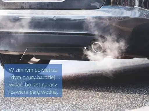 Dym z rury wydechowej samochodu w zimnym powietrzu. Zastanawiasz się, ile można stać na włączonym silniku? Gorący dym z parą wodną jest bardziej widoczny.