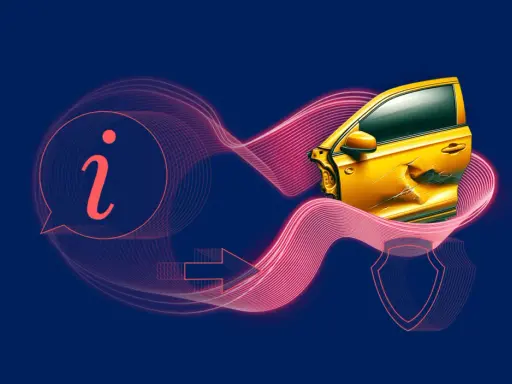 Uszkodzone żółte auto i ikona informacji symbolizują utratę wartości handlowej pojazdu.