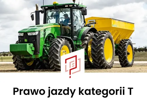 Zielony traktor z żółtym rozsiewaczem, gotowy do pracy na polu. Idealny do zdobycia prawa jazdy kategorii T.