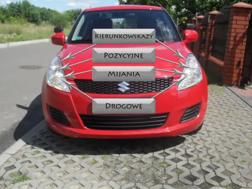 Czerwony Suzuki Swift z etykietami: kierunkowskazy, pozycyjne, mijania, drogowe. Idealny do nauki przed egzaminem na prawo jazdy.