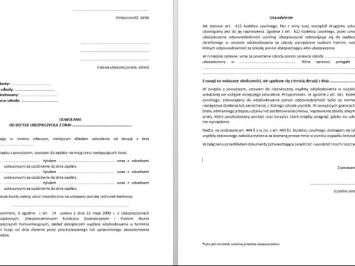 Wzór pozwu przeciwko ubezpieczycielowi. Dokument zawiera odwołanie od decyzji ubezpieczyciela i wezwanie do zapłaty odszkodowania.