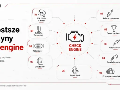 Najczęstsze przyczyny zapalenia się kontrolki silnika (check engine): świece, cewki, wtryskiwacze, sonda lambda, przepływomierz MAF, zawór EGR, układ EVAP, katalizator, termostat, SCR/NOx.
