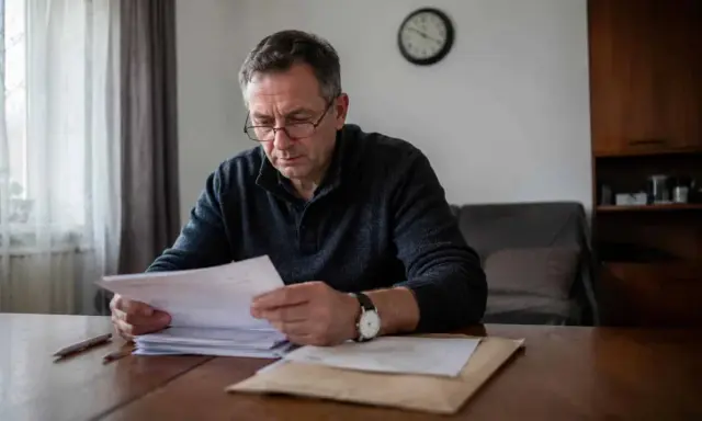 Mężczyzna w okularach analizuje dokumenty, martwiąc się o przedawnienie wykroczenia.
