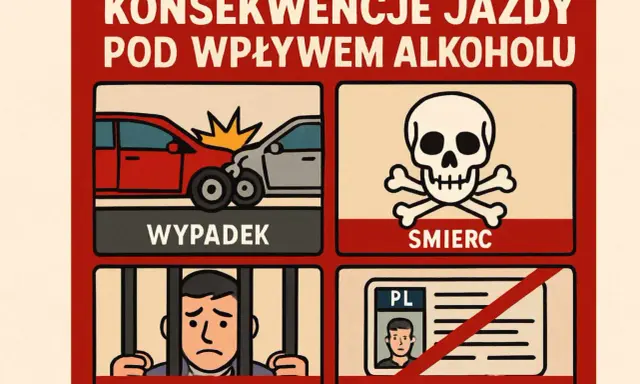 Konsekwencje jazdy pod wpływem alkoholu: wypadek, śmierć, więzienie, utrata prawa jazdy.