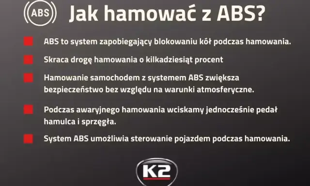 Jak hamować z ABS? System zapobiega blokowaniu kół, skraca drogę hamowania i zwiększa bezpieczeństwo. W awaryjnym hamowaniu wciskaj hamulec i sprzęgło.