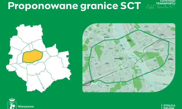 Mapa proponowanych granic stref czystego transportu w Polsce. Zaznaczony obszar w Warszawie.