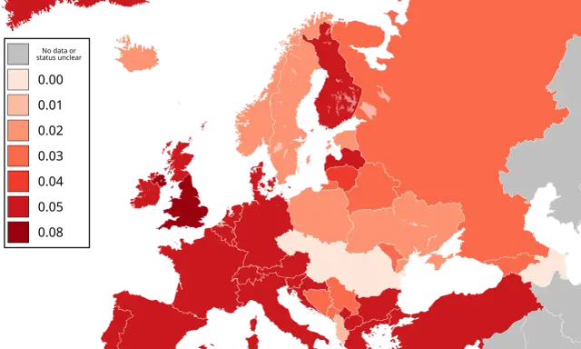 Mapa Europy pokazująca poziom alkoholu we krwi. Najwyższe wartości w krajach Europy Wschodniej i Południowej.