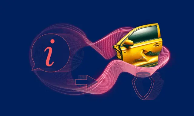 Uszkodzone żółte auto i ikona informacji symbolizują utratę wartości handlowej pojazdu.