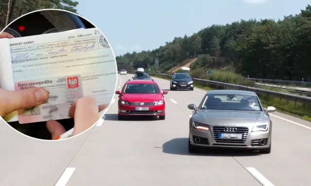 Mandat karny za jazdę lewym pasem na autostradzie. Kierowca trzyma dokument i dowód osobisty.