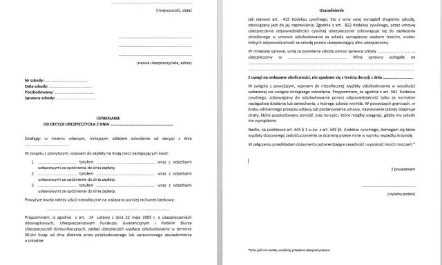 Wzór pozwu przeciwko ubezpieczycielowi. Dokument zawiera odwołanie od decyzji ubezpieczyciela i wezwanie do zapłaty odszkodowania.