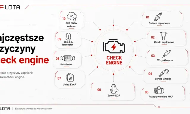 Najczęstsze przyczyny zapalenia się kontrolki silnika (check engine): świece, cewki, wtryskiwacze, sonda lambda, przepływomierz MAF, zawór EGR, układ EVAP, katalizator, termostat, SCR/NOx.