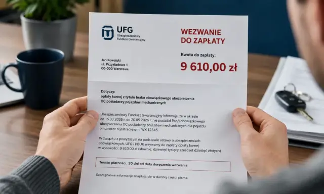 Wezwanie do zapłaty UFG za brak OC. Jan Kowalski otrzymał karę 9610 zł. Może to być podstawa do odwołania.