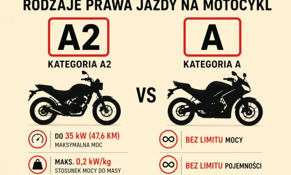 Porównanie kategorii A2 i A prawa jazdy na motocykl. A2: do 35 kW, A: bez limitu mocy i pojemności. Ile lat na kat A? Odpowiedź w grafice.