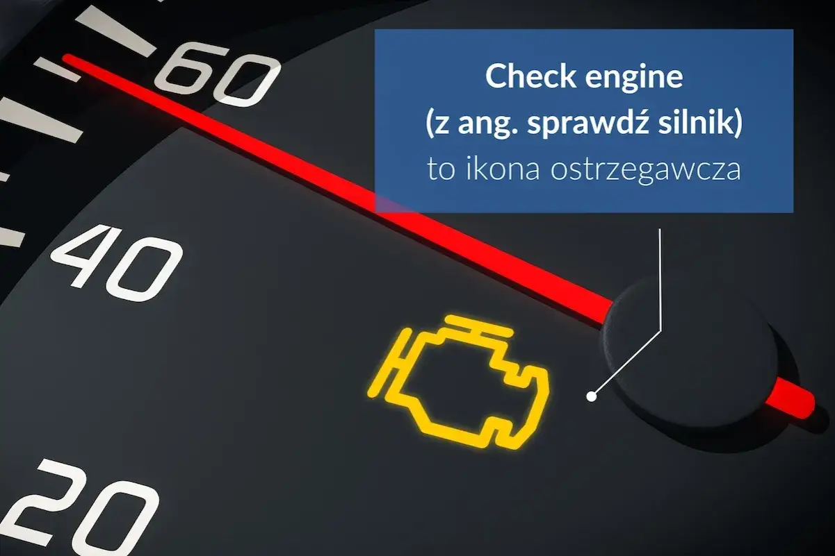 Kontrolka check engine świeci, sygnalizując problem z silnikiem i potencjalny spadek mocy. Ikona ostrzegawcza na desce rozdzielczej.
