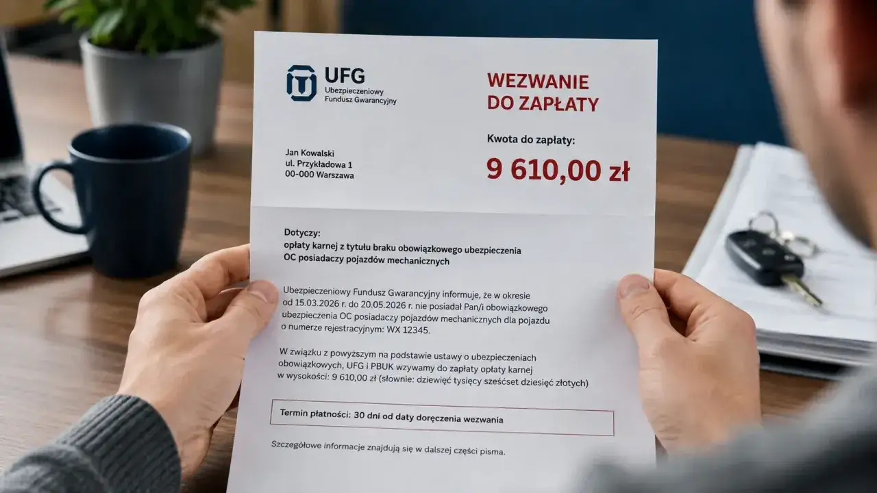 Wezwanie do zapłaty od UFG za brak OC. Jan Kowalski otrzymał karę 9610 zł za brak ubezpieczenia pojazdu.