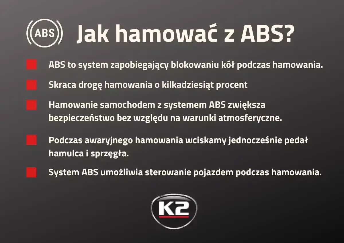 Jak hamować z ABS? System zapobiega blokowaniu k&oacute;ł, skraca drogę hamowania i zwiększa bezpieczeństwo. W awaryjnym hamowaniu wciskaj hamulec i sprzęgło.