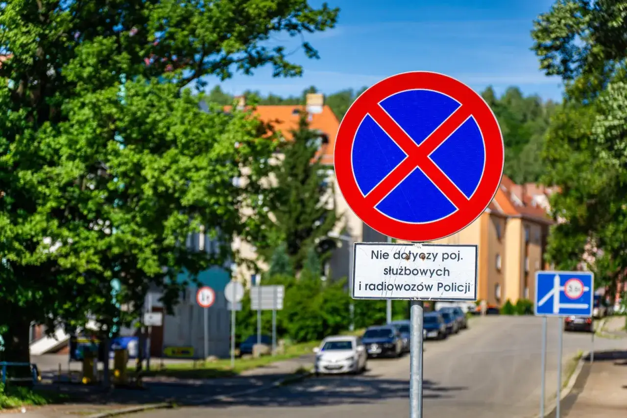 Zakaz zatrzymywania się. Nie dotyczy pojazd&oacute;w służbowych i radiowoz&oacute;w Policji. Parkowanie po prawej stronie jest dozwolone dla nich.