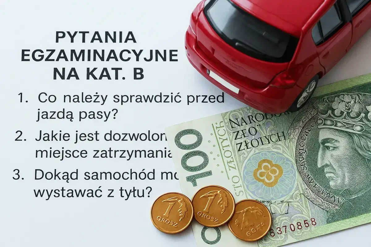 Pytania egzaminacyjne na kat. B, czerwony samochodzik, banknot 100 zł i grosze. Zastanawiasz się, ile teraz kosztuje prawo jazdy?