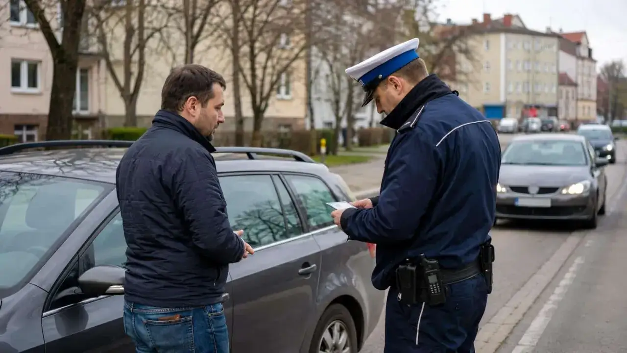 Policjant kontroluje dokumenty kierowcy stojącego przy samochodzie. Czy to będzie mandat za jazda bez uprawnień jaka kara 2026?