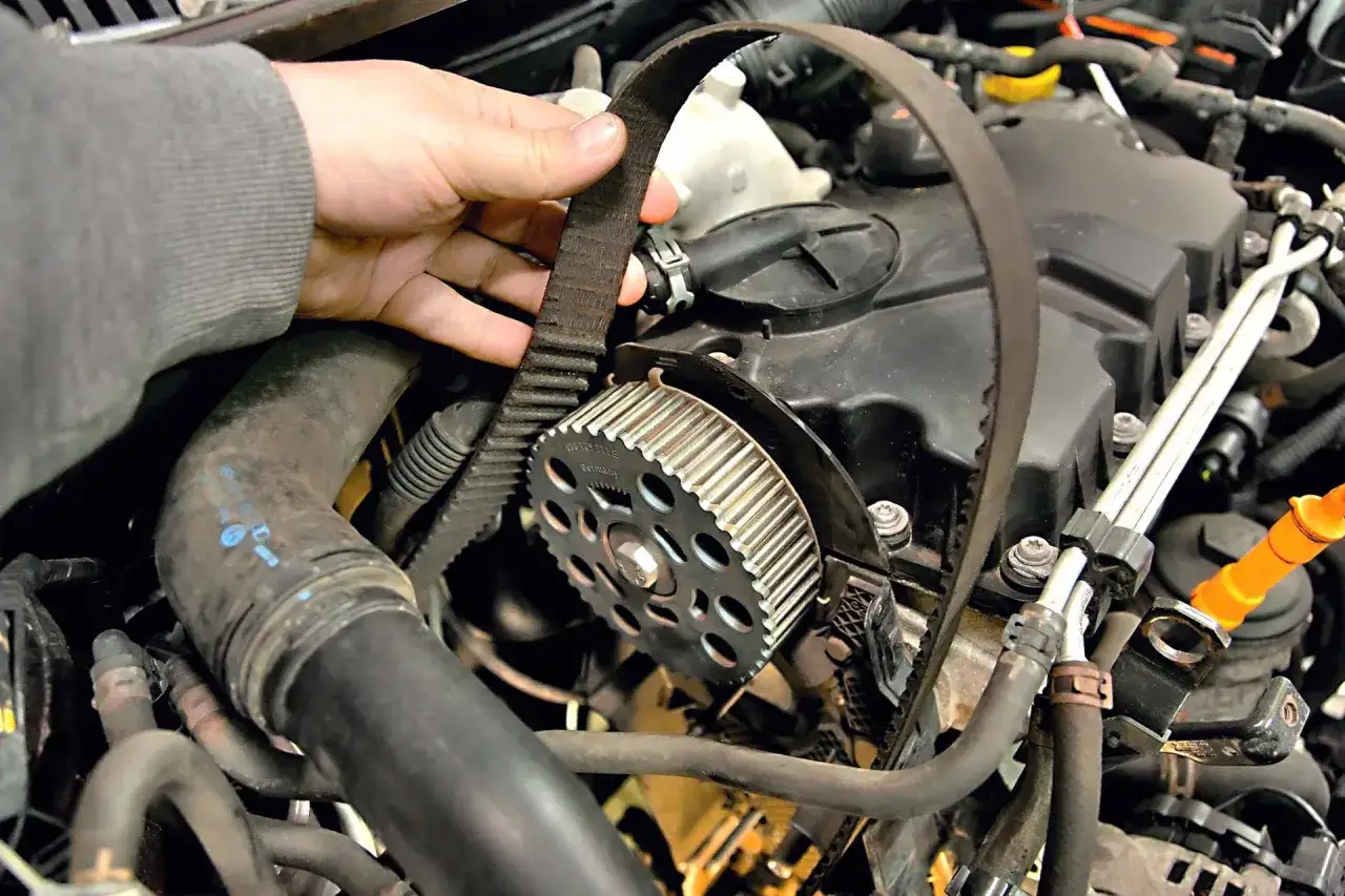 Ręka mechanika sprawdza stan paska rozrządu, który może doprowadzić do zatarty silnik.