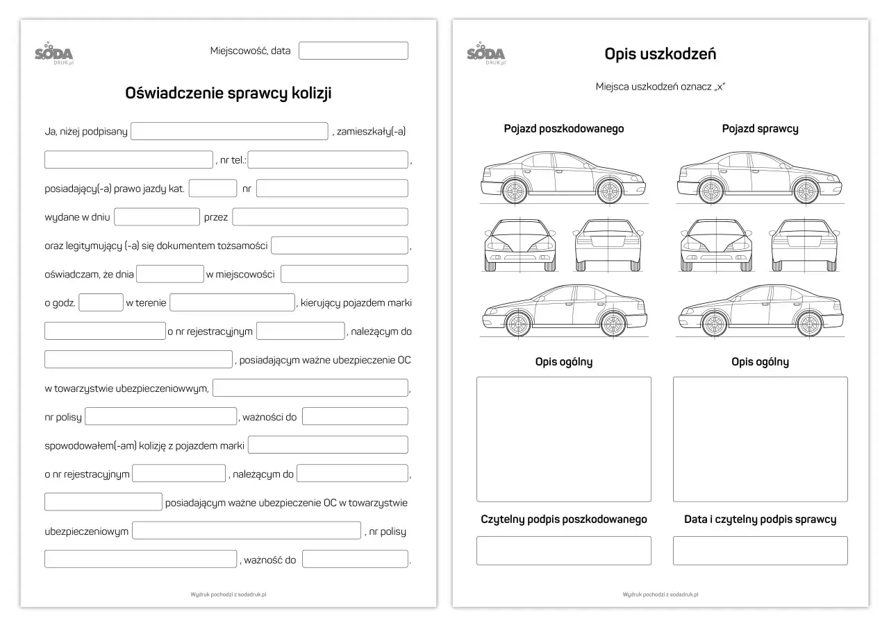 Formularz oświadczenia sprawcy kolizji z opisem uszkodzeń pojazd&oacute;w, w tym szkoda parkingowa. Policja może go wykorzystać.