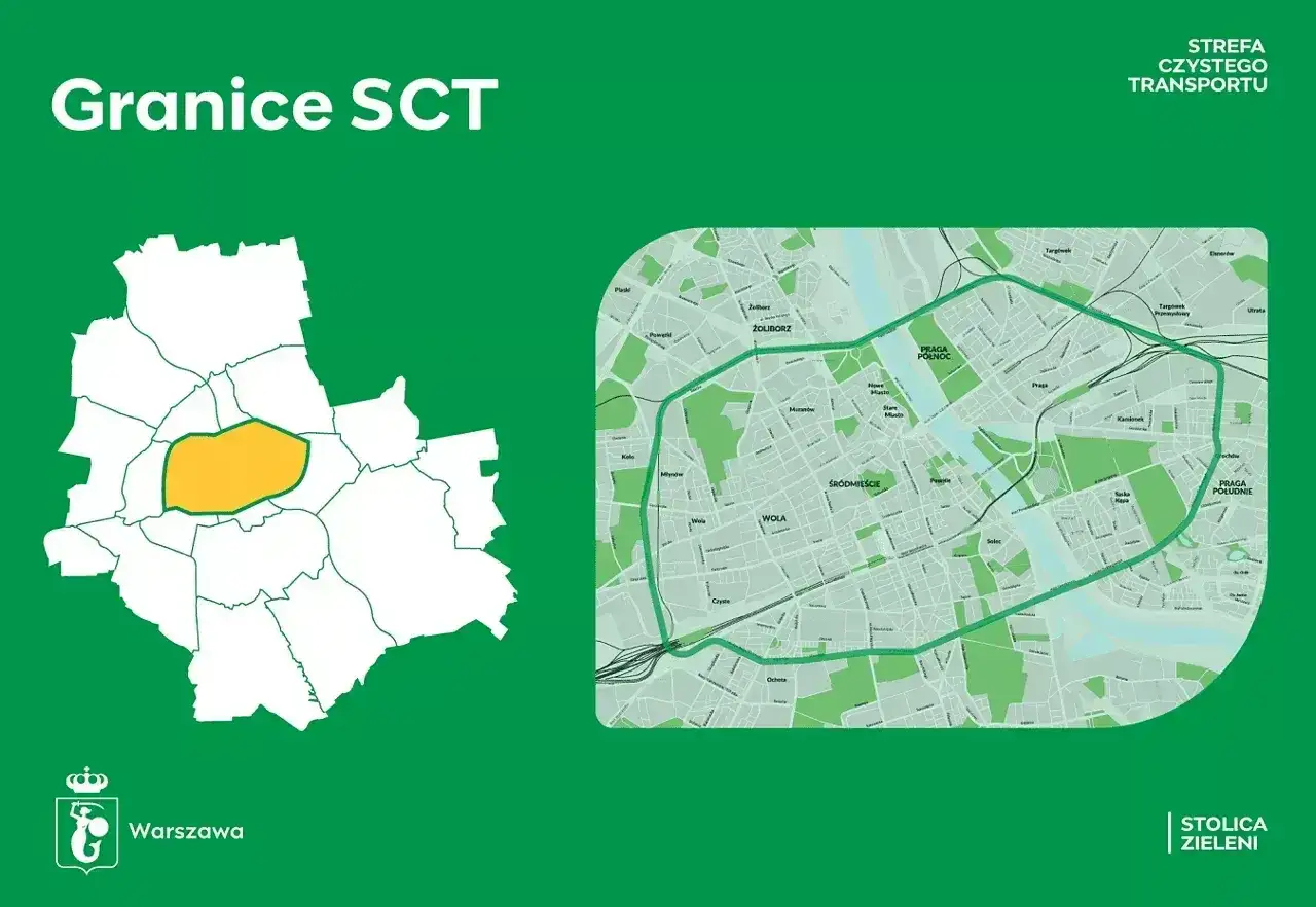 Mapa Warszawy z zaznaczonymi granicami strefy czystego transportu. Zielona linia wyznacza obszar SCT.