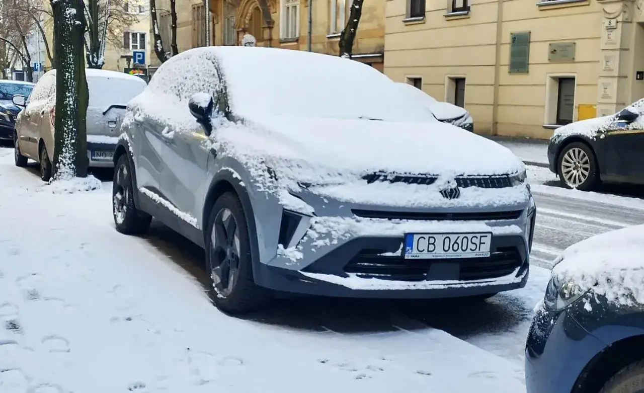 Zimowy poranek, śnieg pokrywa samochody. Ciekawe, ile można stać na włączonym silniku, czekając na odśnieżenie.