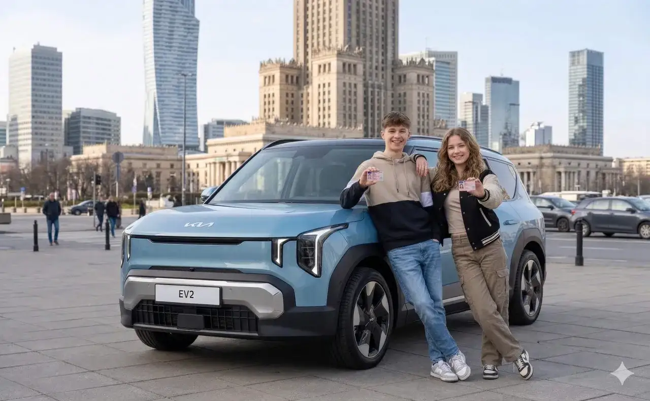 Dwoje młodych ludzi z radością prezentuje swoje prawo jazdy od 17 lat, stojąc obok niebieskiego samochodu elektrycznego na tle warszawskich wieżowców.