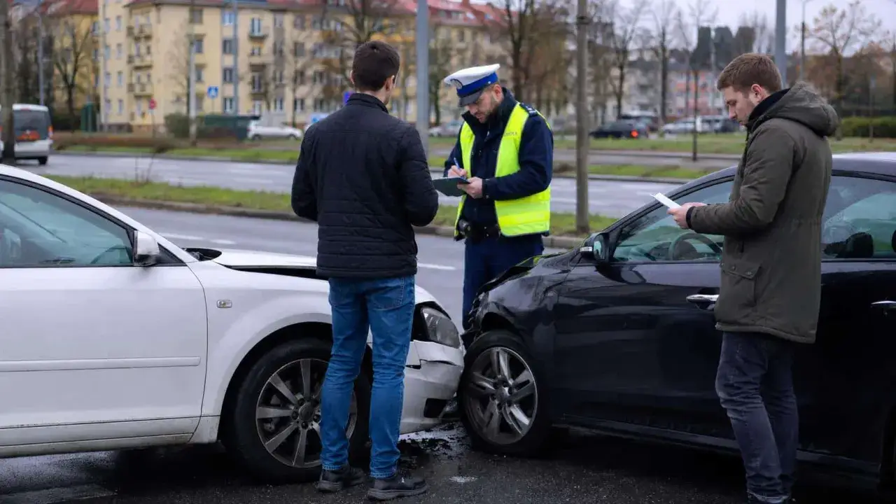 Policjant spisuje zeznania po kolizji. Jeden z kierowc&oacute;w wygląda na zaniepokojonego, być może pr&oacute;buje ukryć oszustwo ubezpieczeniowe.