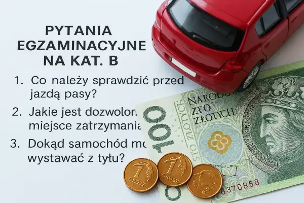 Pytania egzaminacyjne na kat. B, czerwony samochodzik, banknot 100 zł i grosze. Zastanawiasz się, ile teraz kosztuje prawo jazdy?