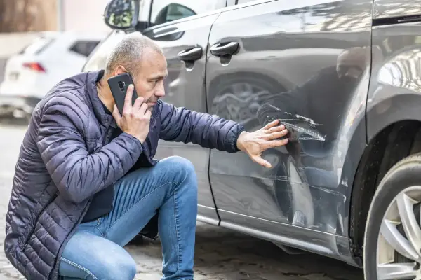 Mężczyzna sprawdza uszkodzenia samochodu po kolizji bez policji i oświadczenia, dzwoniąc z telefonu.