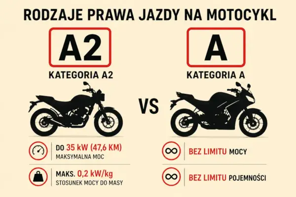 Porównanie kategorii A2 i A prawa jazdy na motocykl. A2: do 35 kW, A: bez limitu mocy i pojemności. Ile lat na kat A? Odpowiedź w grafice.